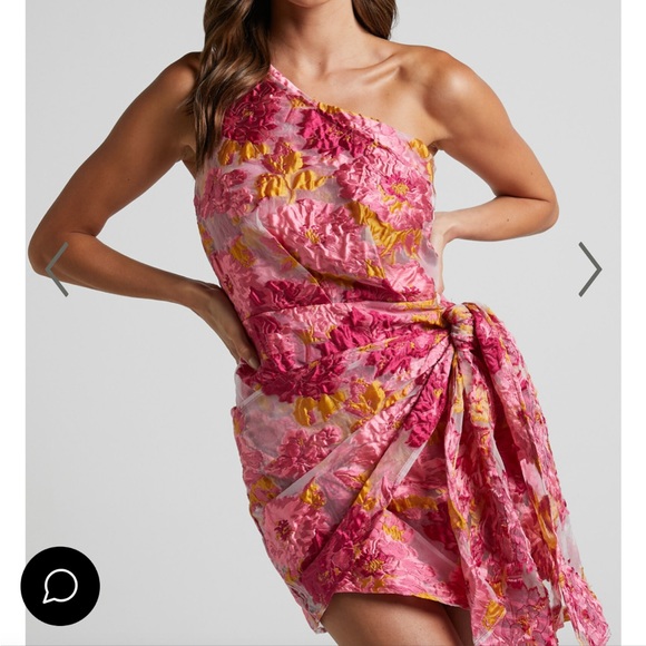 Showpo Size 8 Brailey Jacquard One Shoulder pink/yellow Dress - Picture 2 of 11